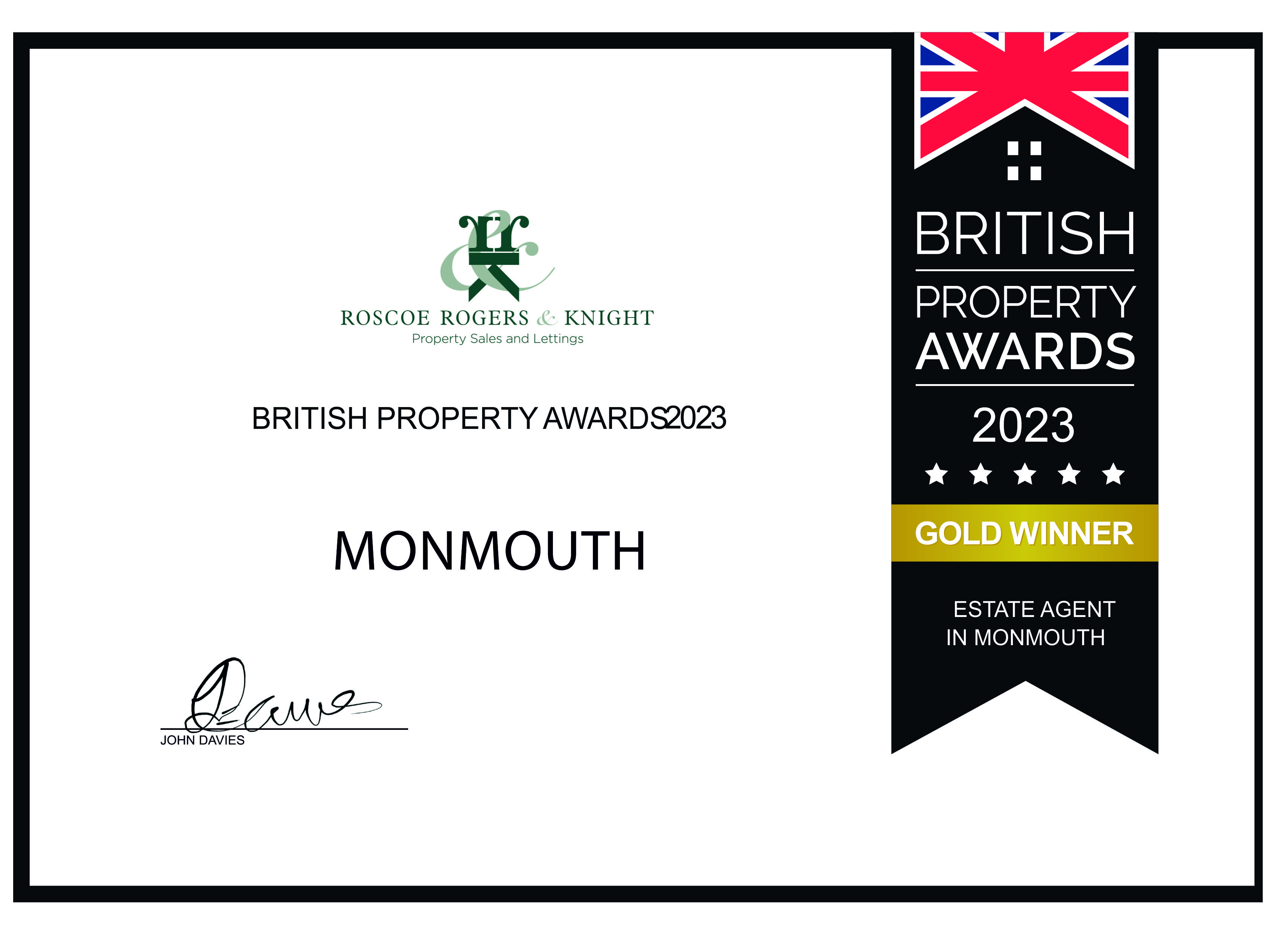 certificate of Gold award for British Property Awards 2023